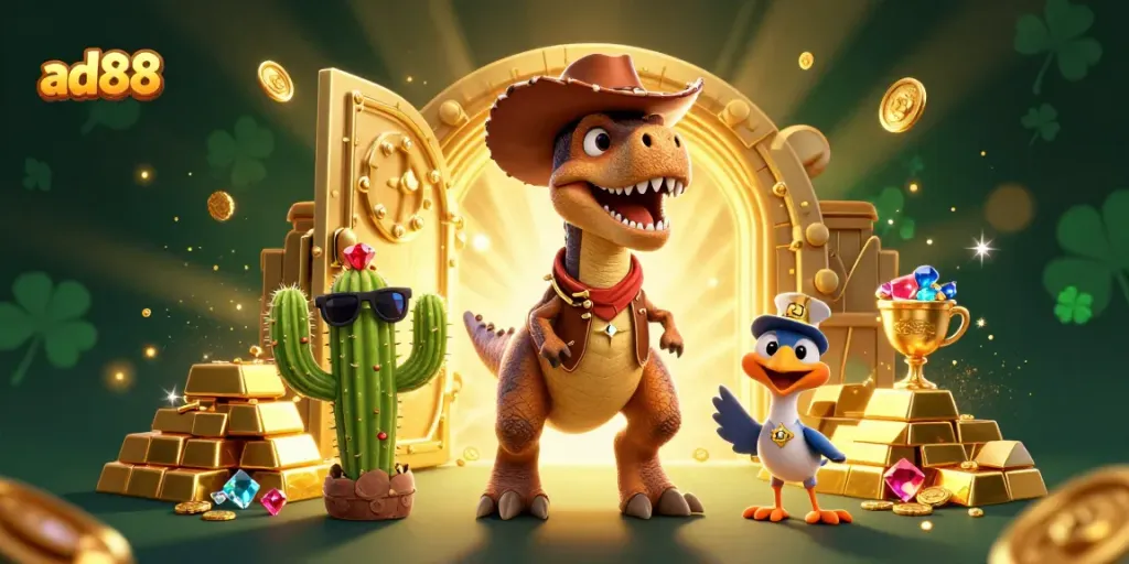 Engaging ad88 gaming adventure featuring a T-Rex cowboy and vibrant treasure elements.