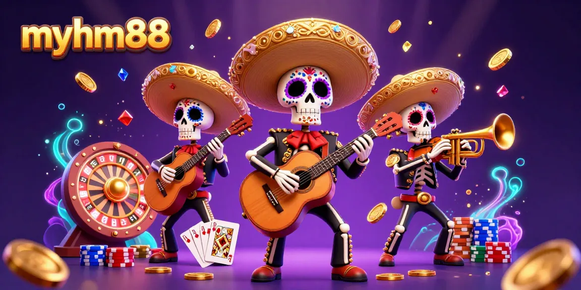 Experience the vibrant mariachi band with golden winnings and myhm88's casino magic in this 3D illustration.