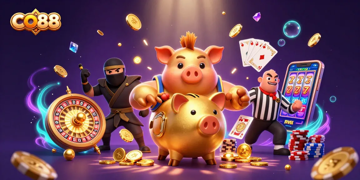 Experience excitement with CO88's golden piggy bank, surrounded by casino games and winnings.