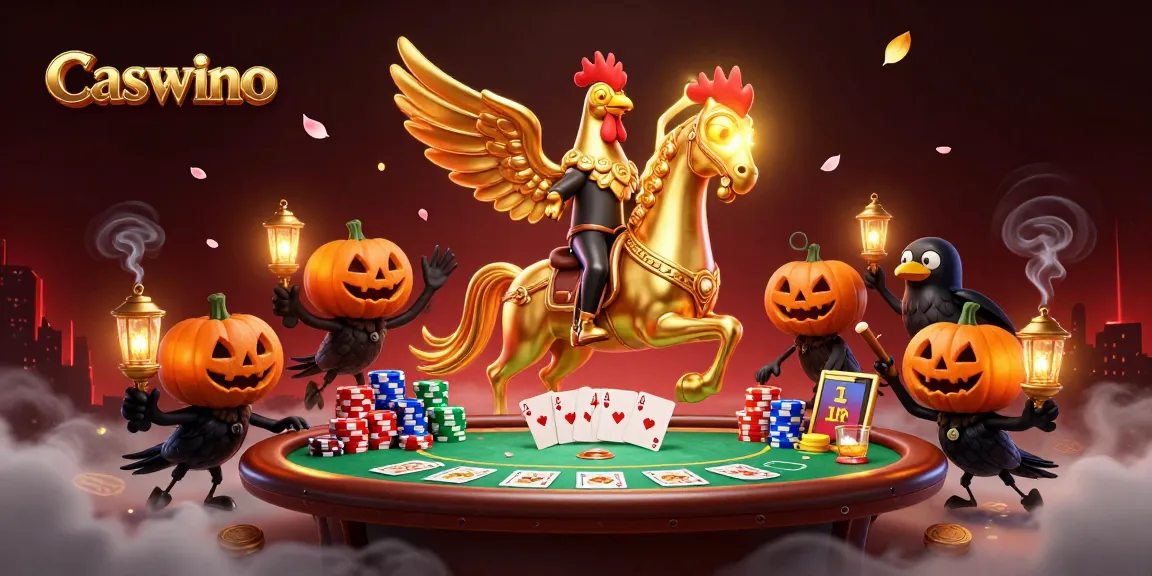 Experience the dynamic casino world with Caswino as golden rooster characters and poker elements unite.