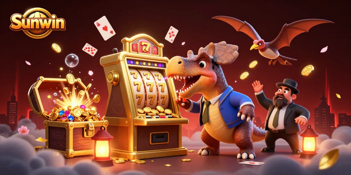 Sunwin casino illustration with innovative characters celebrating jackpot wins amidst vibrant casino elements.