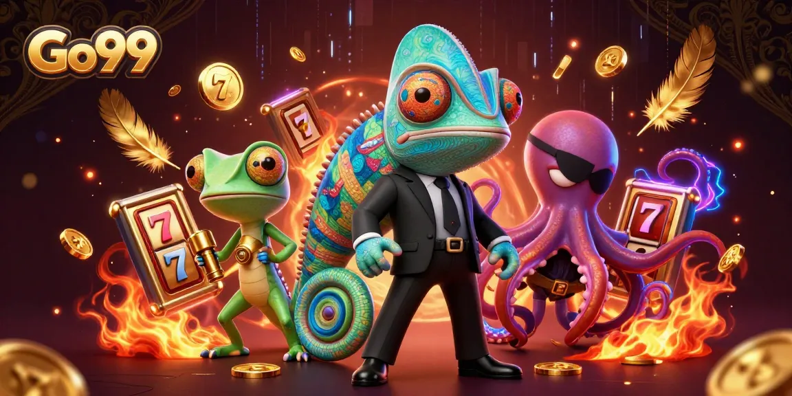 Spin the slots with Go99 in a vibrant 3D casino illustration featuring colorful characters and casino elements.