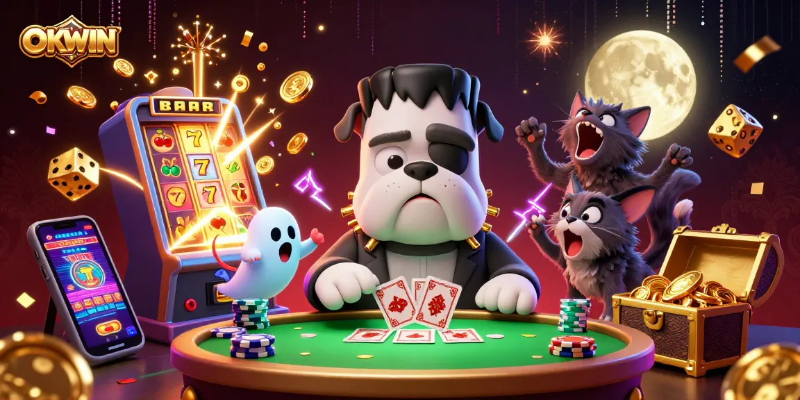 Engage with OKWIN's thrilling 3D cartoon casino scene featuring characters and game elements.