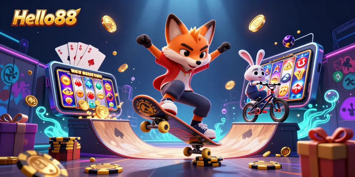 Experience the vibrant thrill of Hello88 with a skateboarder fox and BMX rabbit in a lively casino scene.