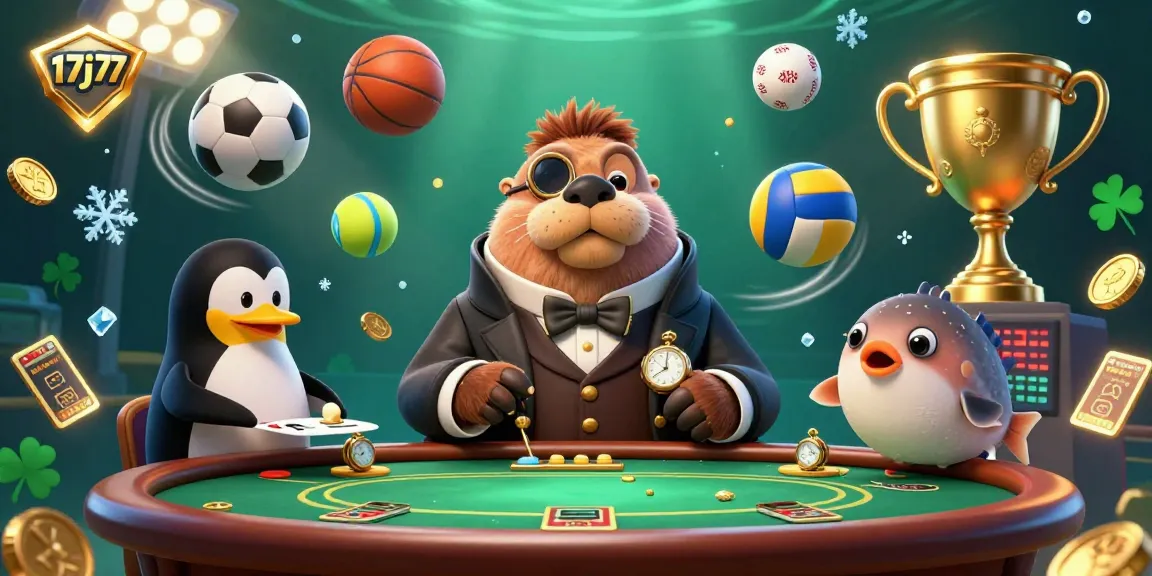 Experience thrilling poker action at 17j77 with a creative underwater scene featuring a walrus, penguin dealer, and bluffing pufferfish.