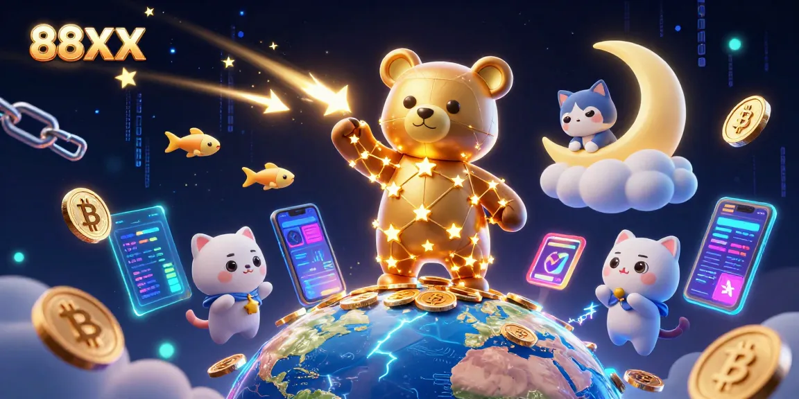 Engage with 88XX as the constellation bear gathers coins from the Earth, amidst vibrant crypto elements.