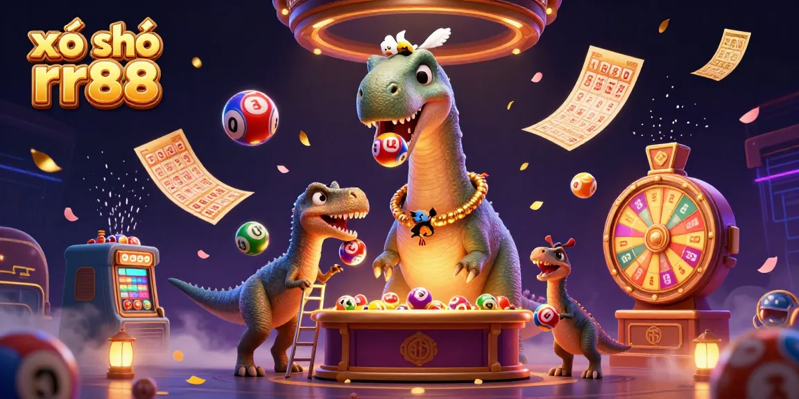 Play lottery with xổ số rr88 as vibrant lottery balls and a giant brontosaurus fill the scene.