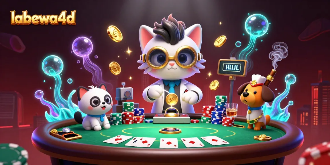 Permainan labewa4d dengan kucing ilmuwan gila dan anjing pembantu di meja poker yang penuh dengan chip dan kartu.