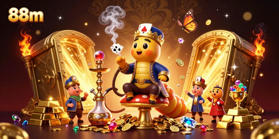 Win big at 88m casino with vibrant, luxurious 3D illustration of a caterpillar hookah-master and treasure galore.