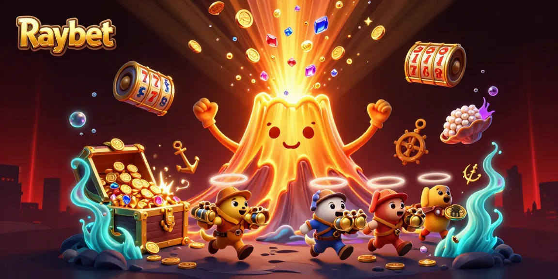Play thrilling games at Raybet with a cartoon golden volcano rewarding treasure in an exciting casino