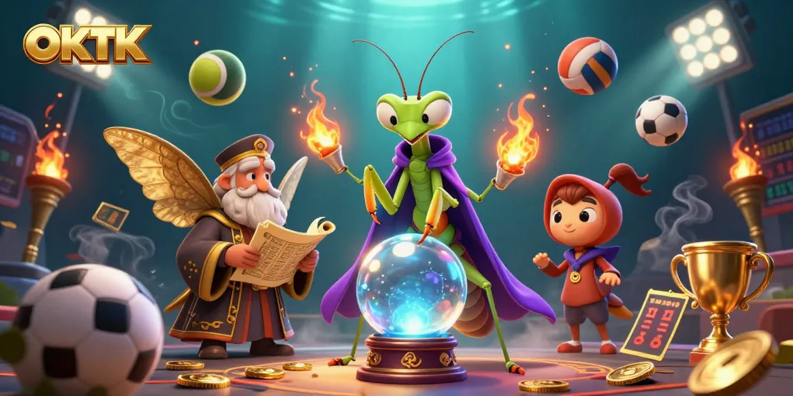 Experience thrilling OKTK sports betting with a mystical 3D illustration featuring fortune tellers and dynamic game elements.