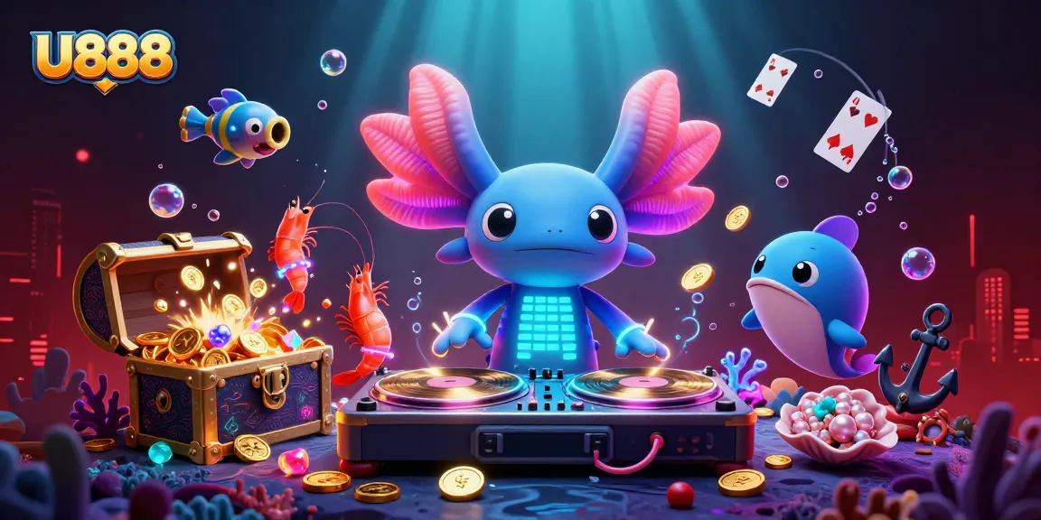 U888's vibrant underwater casino scene showcasing a DJ axolotl and playful sea creatures.