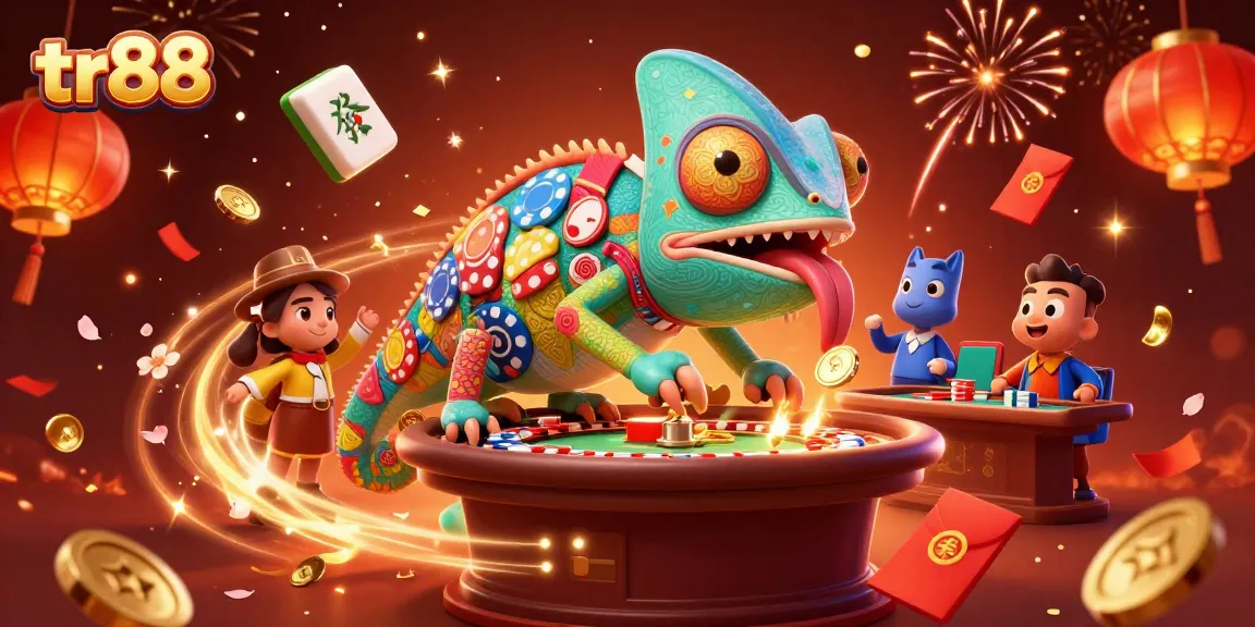 Experience exciting gameplay with tr88, featuring dynamic scenes of a colorful chameleon casino owner amidst vibrant gambling elements.