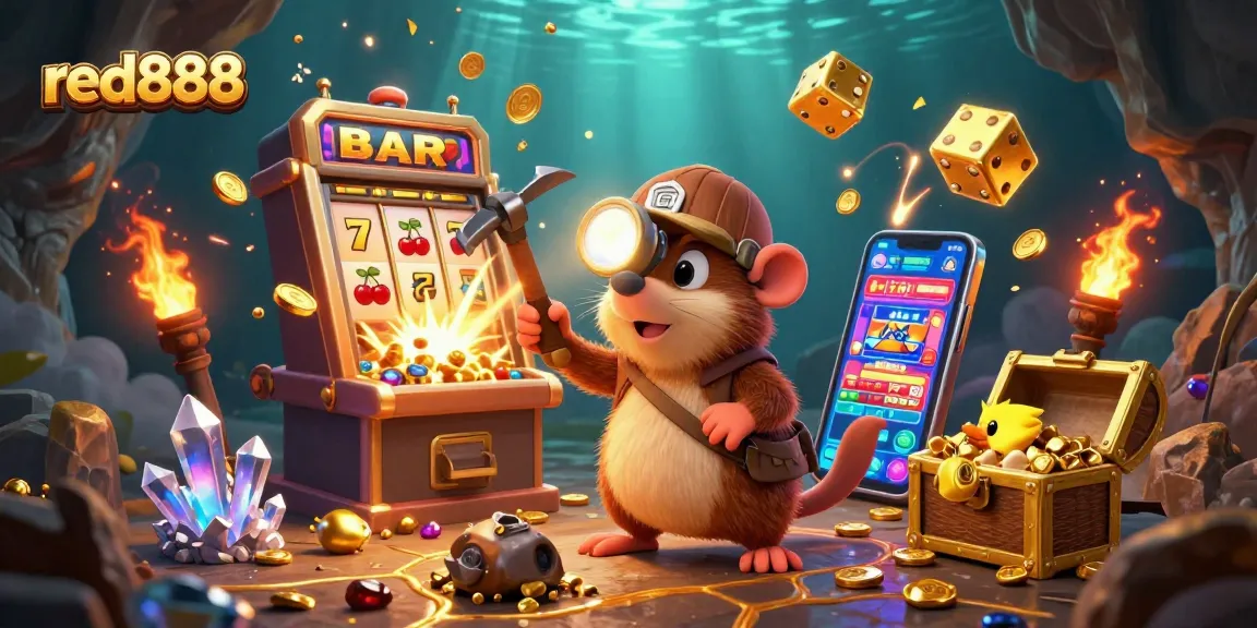 Experience excitement at red888 with a lively treasure hunt scene featuring a mole, gems, and slot machine action