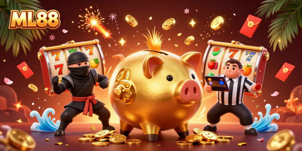Watch ML88's exciting slot adventure with a golden piggy bank, ninja, and samurai!