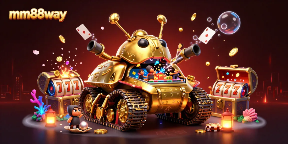 Experience the excitement of mm88way with a dynamic 3D casino scene featuring vibrant jackpots and lively gambling elements.