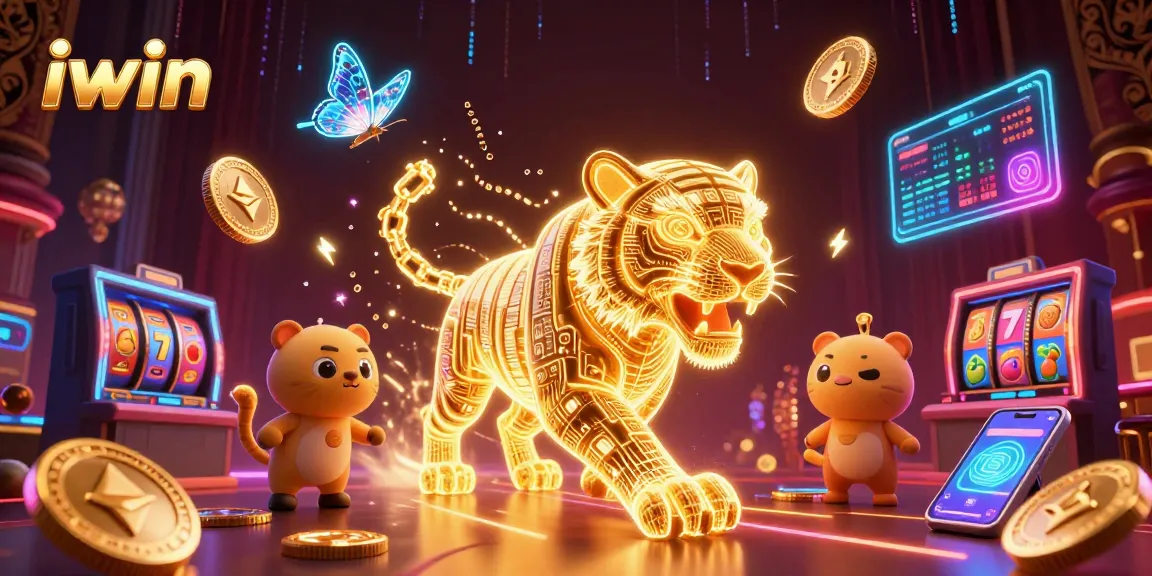 Engage with iwin's thrilling casino experience featuring a glowing golden tiger in a digital landscape.