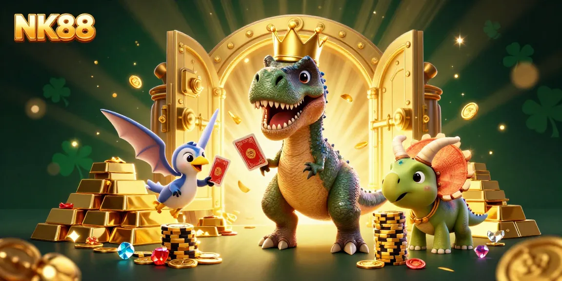 Join the fun at NK88 as a T-Rex shuffles cards, while a Pterodactyl assists and a Triceratops stacks chips.