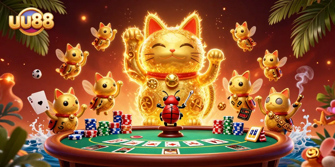 Engage with the vibrant uu88 casino scene featuring golden fireflies and dynamic poker elements.