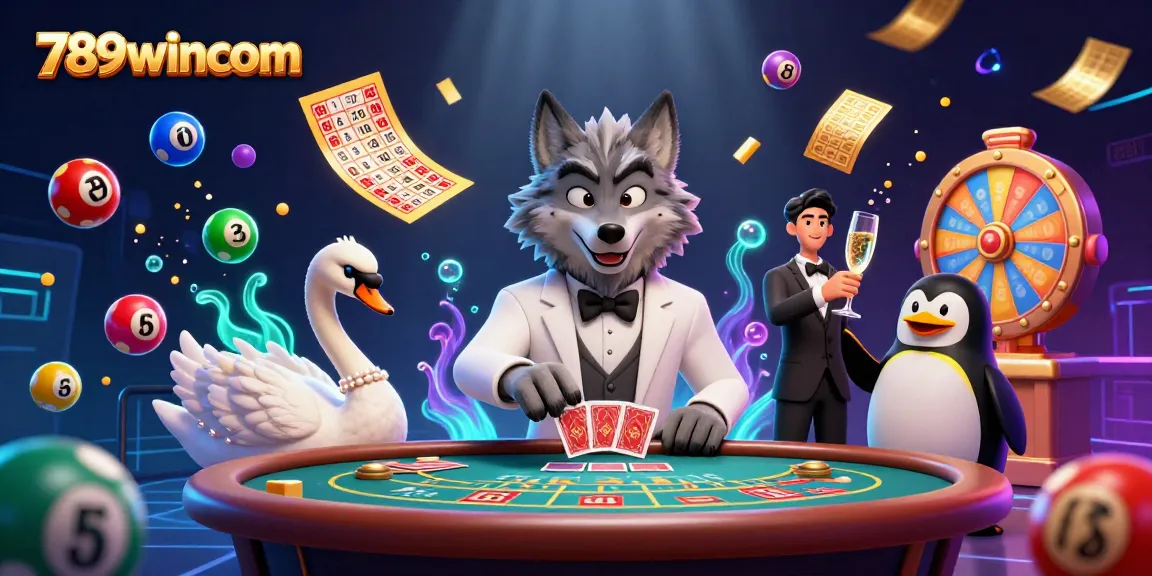 Experience thrilling game excitement with 789wincom at the baccarat table featuring colorful lottery balls and elegant characters.