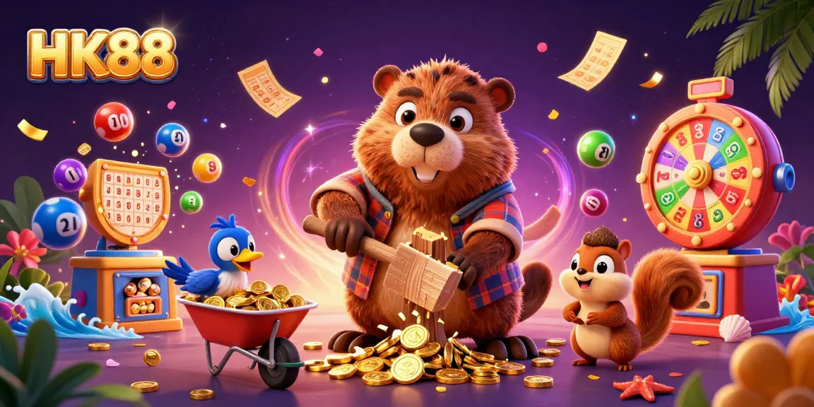 HK88 engages players with a vibrant scene of excitement and winning, featuring cartoon characters and dynamic gaming elements.
