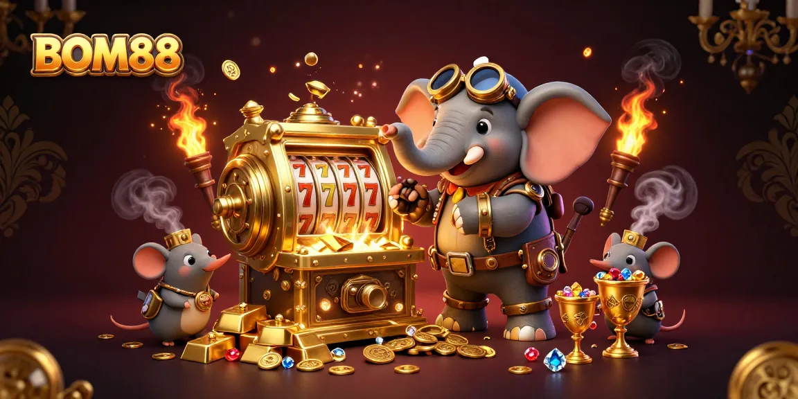BOM88 engages players with a thrilling slot machine experience featuring gold treasures and vibrant game elements.