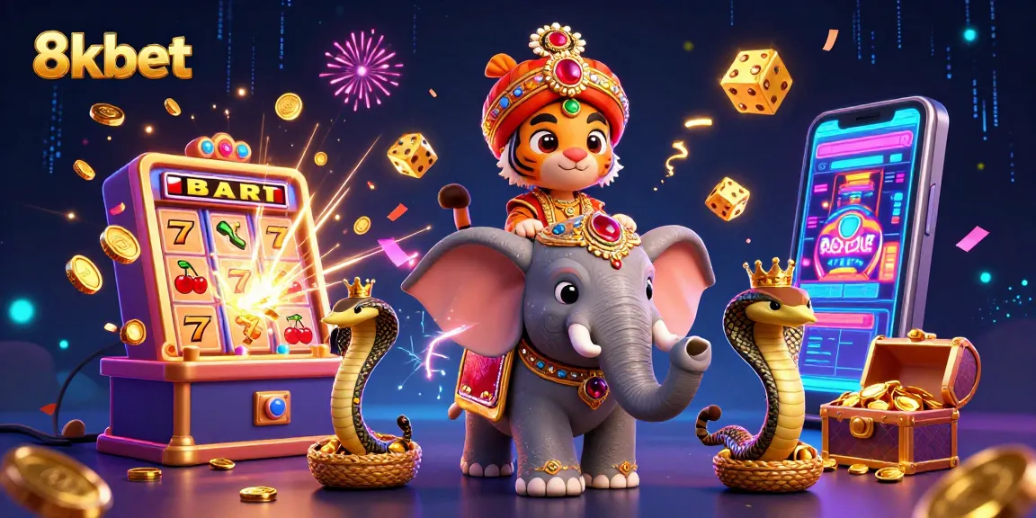 Experience the thrill of 8kbet with vibrant 3D illustration showcasing jackpot excitement and casino elements.