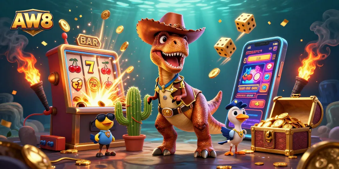 AW8 showcases a vibrant casino scene with a T-Rex, full of colorful jackpots and gaming elements.