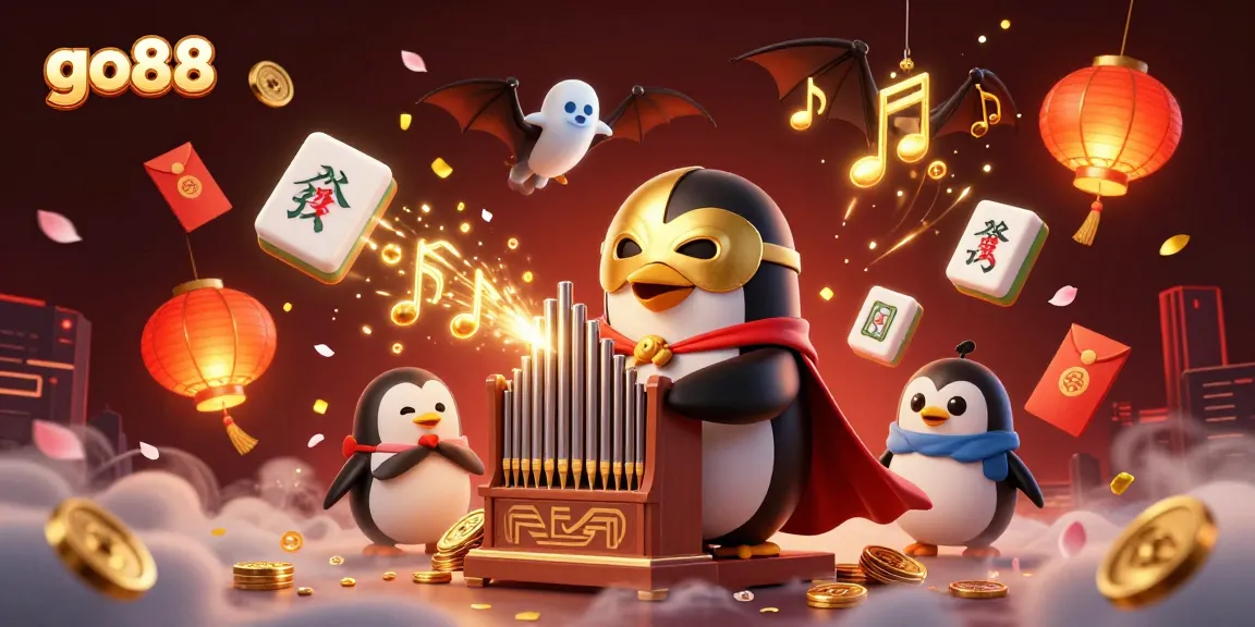 Engage in the dynamic world of go88 where a penguin conducts an organ of coins amidst vibrant casino elements.