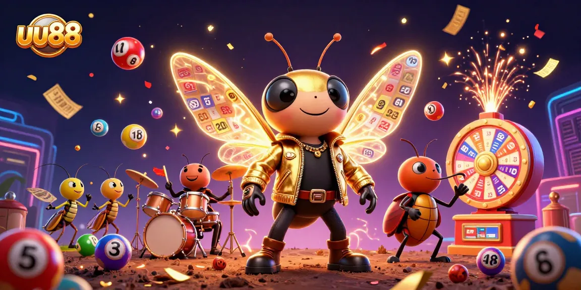 uu88 offers an energetic casino experience with a vibrant scene featuring a rock star cicada and colorful gaming elements.