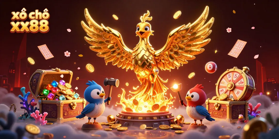 Experience exciting xổ số xx88 lottery action with golden phoenix surrounded by vibrant game elements in a colorful scene.
