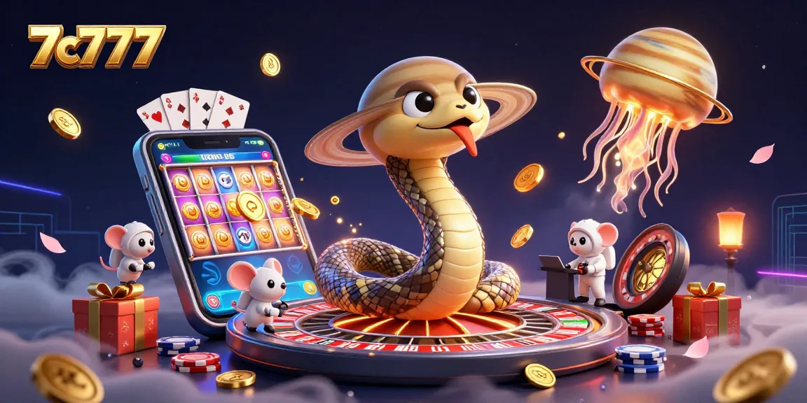 Engage in thrilling gameplay at 7c777 with a cosmic casino showing cartoon characters and vibrant slot elements.