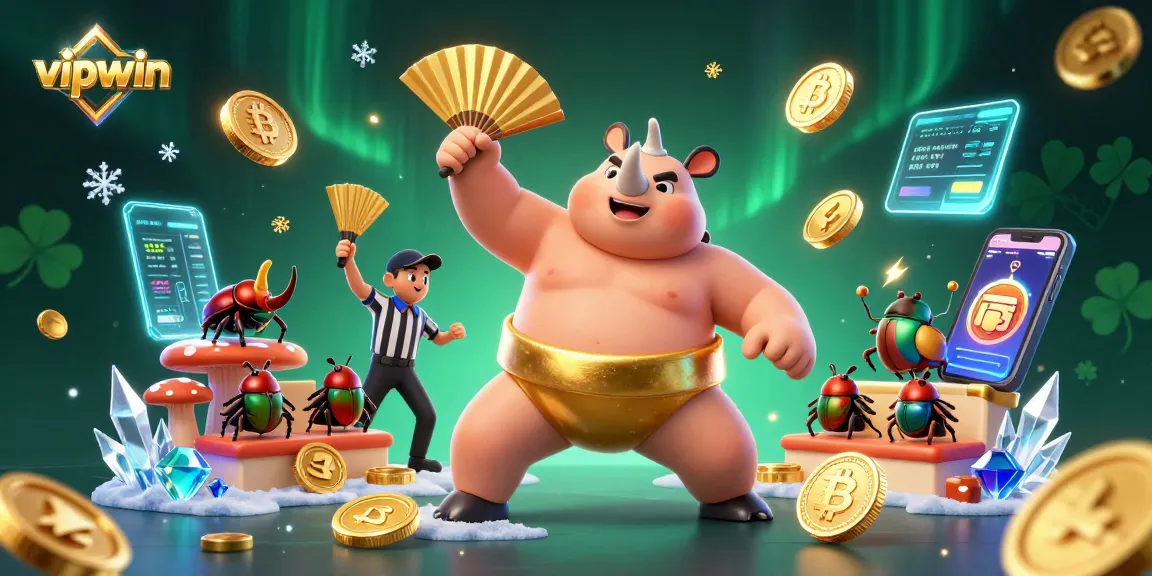Experience the excitement of vipwin with a powerful rhinoceros beetle champion and vibrant casino elements.