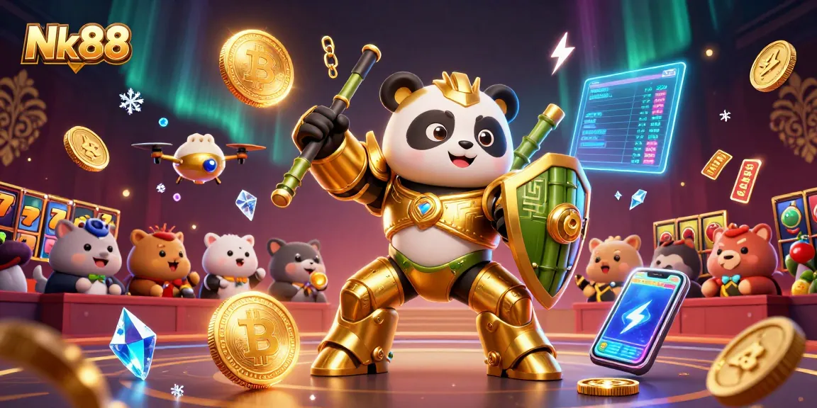 Experience exciting wins at Nk88 Casino with a vibrant 3D illustration of animated characters and gaming elements.