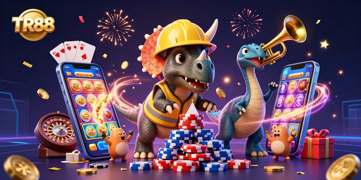 Celebrate winning with TR88 in this vibrant 3D casino scene filled with gaming action.