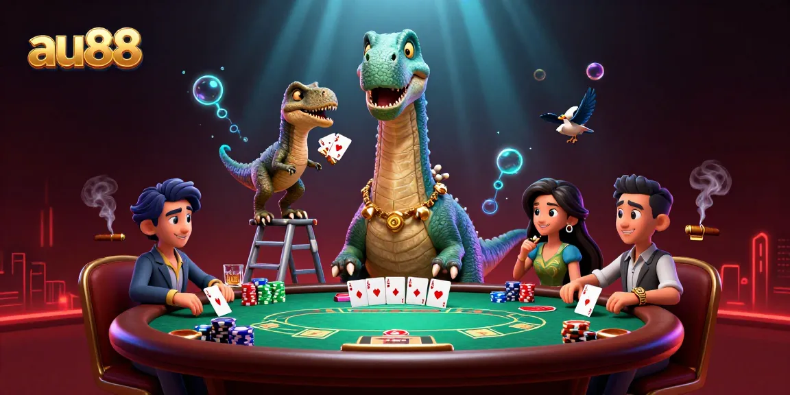 Engage in au88 poker action with cartoon dinosaurs in a vibrant, animated casino scene.