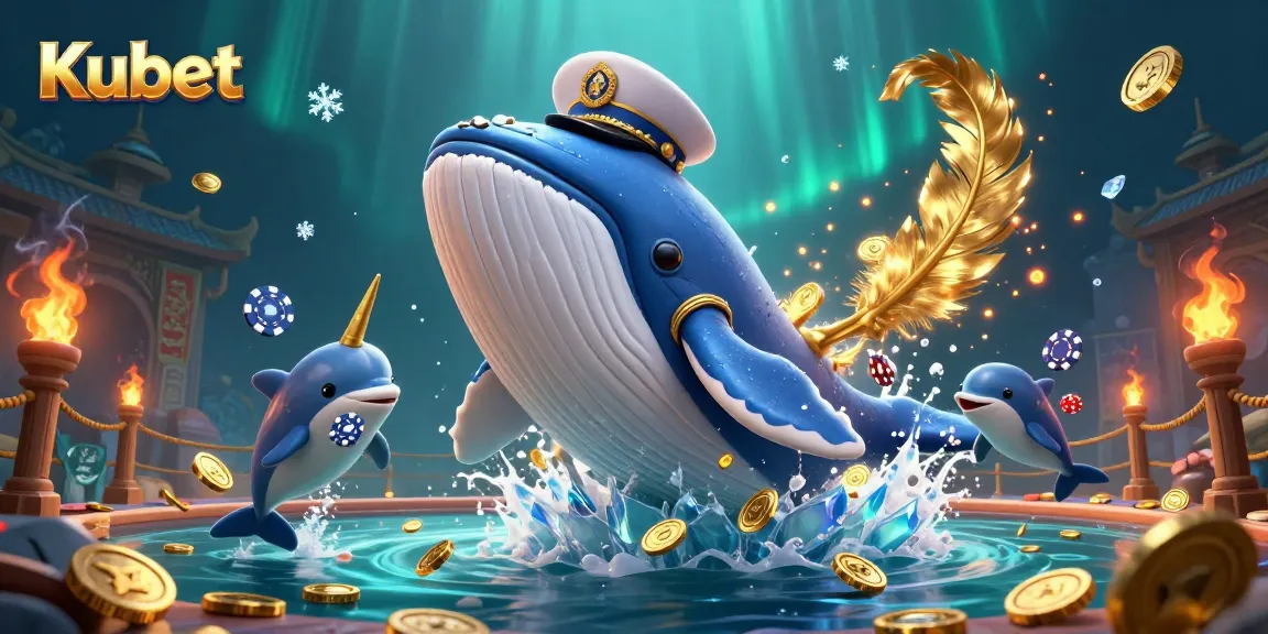 Kubet delivers an exciting world of casino thrills, featuring a whale captain, narwhal, and dolphins amidst gold coins.