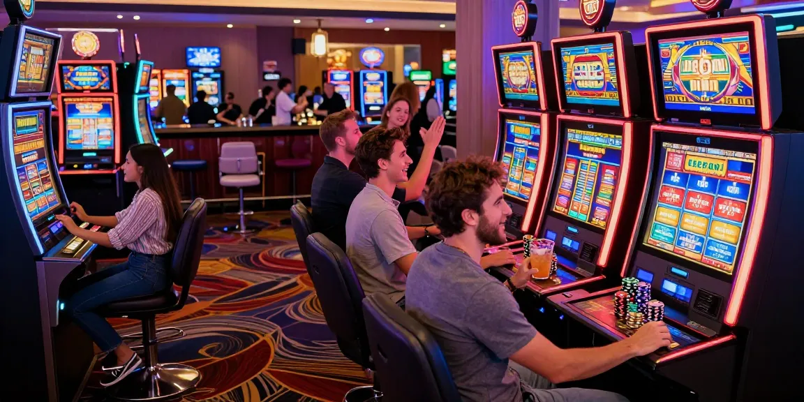 Excited players engaging with a slot machine at a casino, showcasing vibrant game design and thrilling atmosphere.