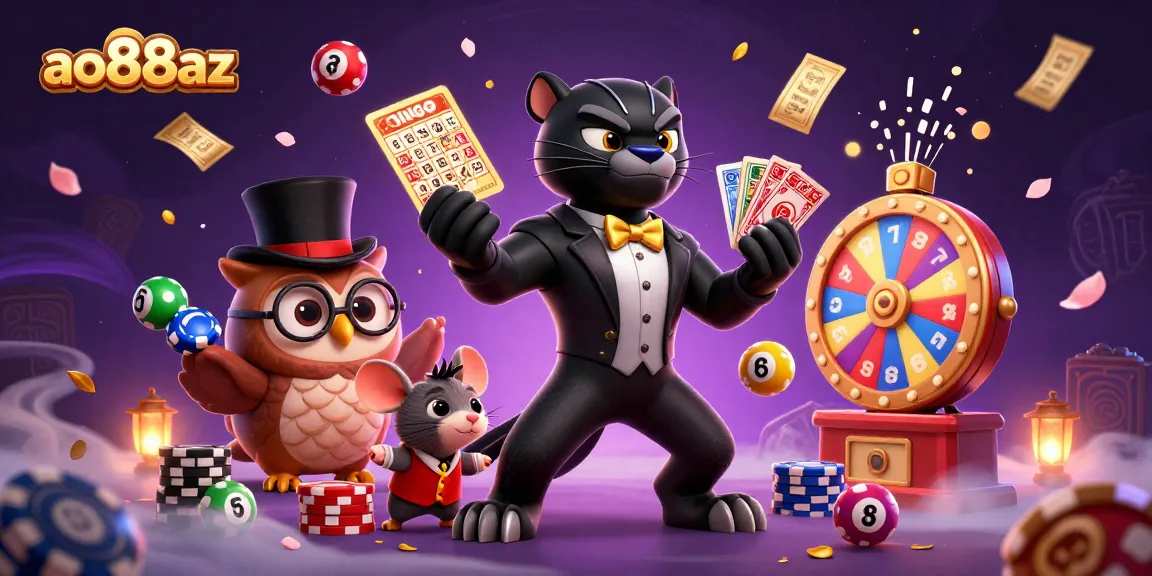 Experience exciting gaming moments at ao88az with a lively illustration showcasing a stylish panther dealer and playful characters.