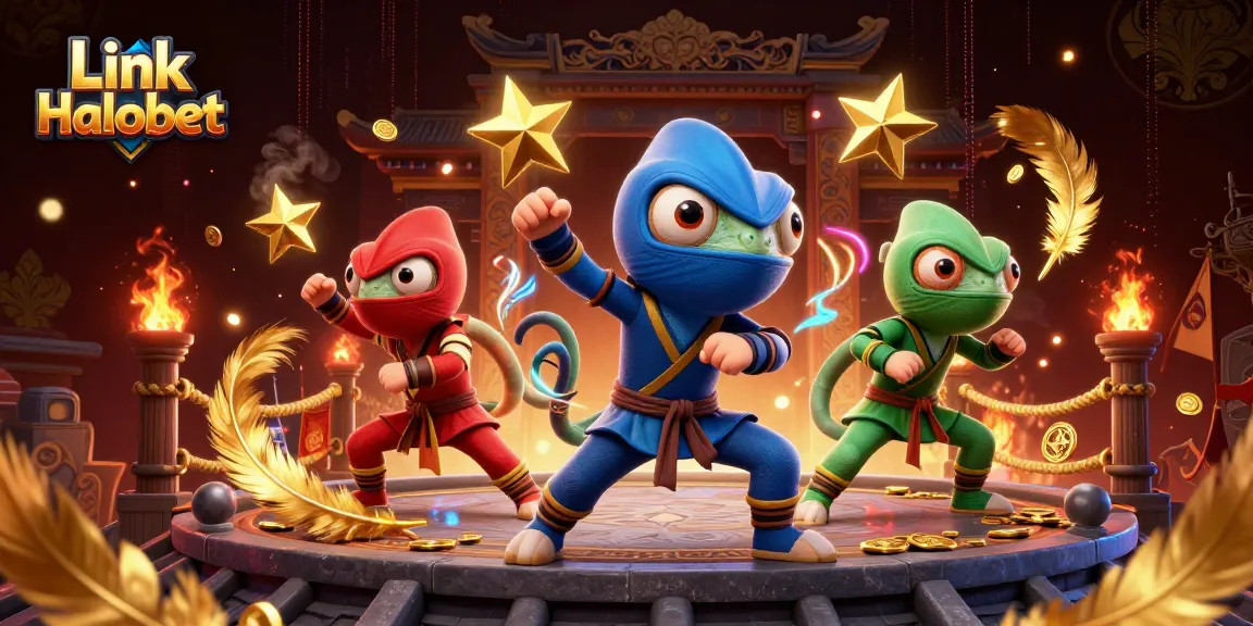 Experience thrilling gameplay with Link Halobet's vibrant chameleon warriors in a dynamic casino scene.