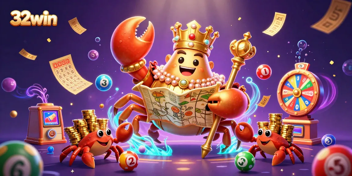 Experience thrilling gameplay with the majestic 32win golden crab emperor, surrounded by vibrant lottery elements.