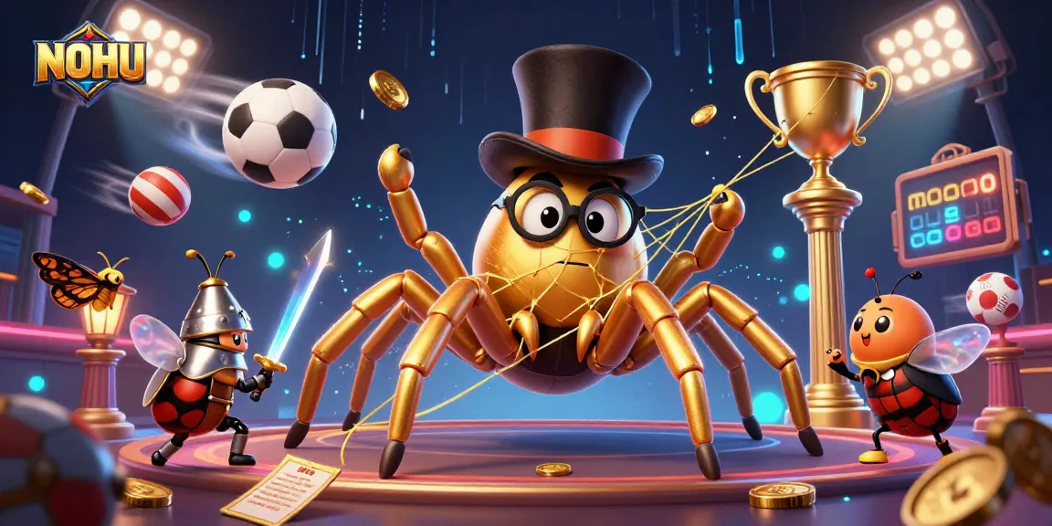 NOHU engages players with a dynamic scene featuring a golden tarantula and sports action.