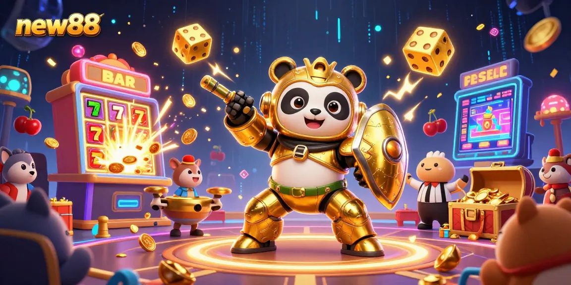 Engage with new88's thrilling gaming experience as the golden panda and bamboo robot battle in a vibrant casino arena.