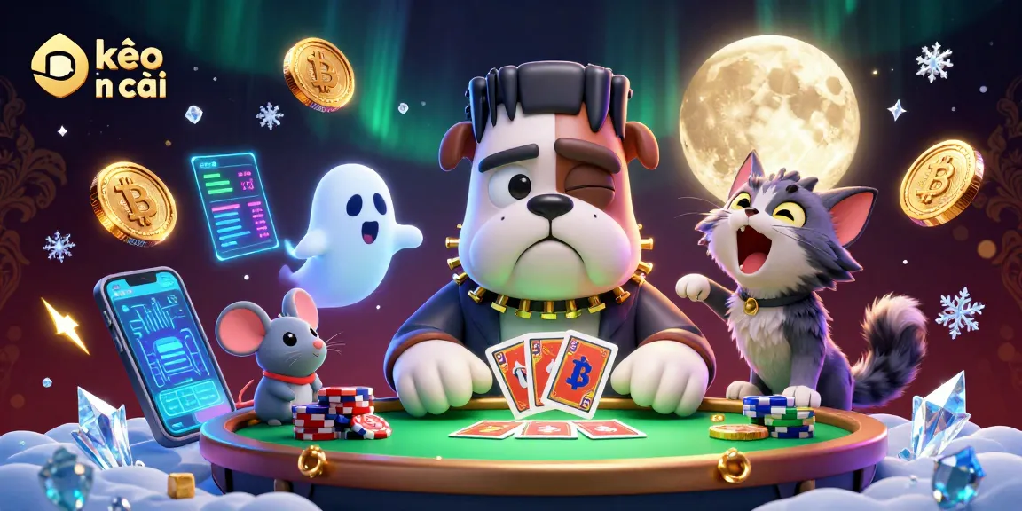 Engaging kèo nhà cái illustration of a Frankenstein bulldog dealing cards with crypto coins and vibrant animations.