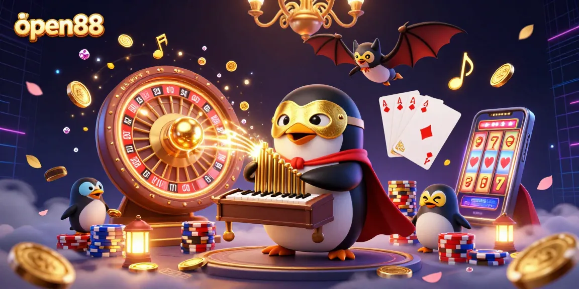 Experience exciting wins at open88 with a vibrant 3D casino scene filled with gold coins and games.