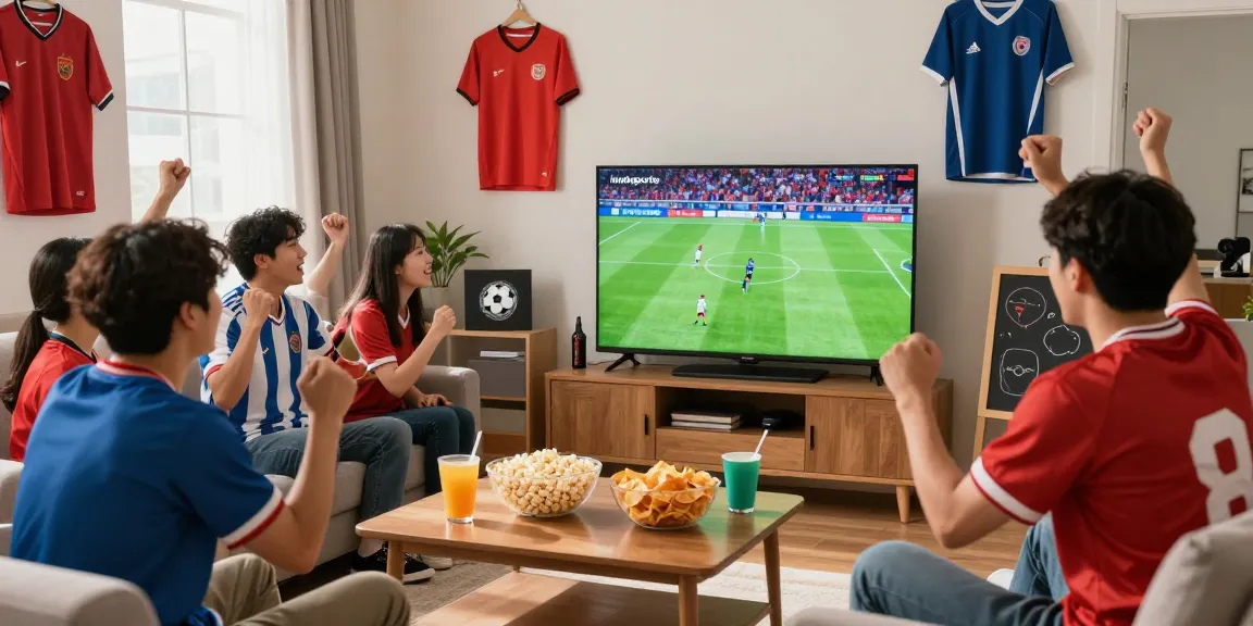 Excited friends watching a live football game on ihdsports in a cozy living room.