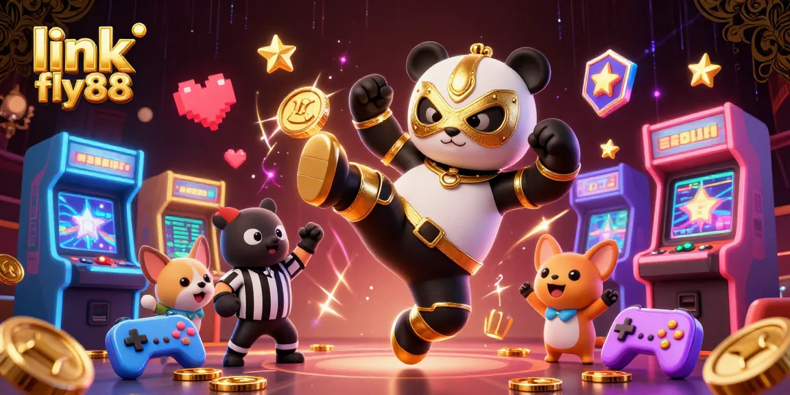 Join the fun at link fly88 with a cartoon panda wrestler in a thrilling casino showdown!