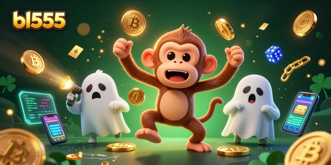 Experience thrilling gameplay with bl555 as a poltergeist monkey juggles winnings in a vibrant casino scene.