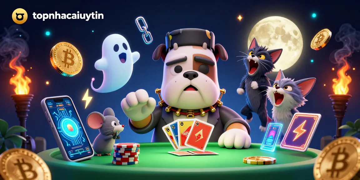 Engage with topnhacaiuytin as the Frankenstein bulldog monster deals cards at a spooky casino table.