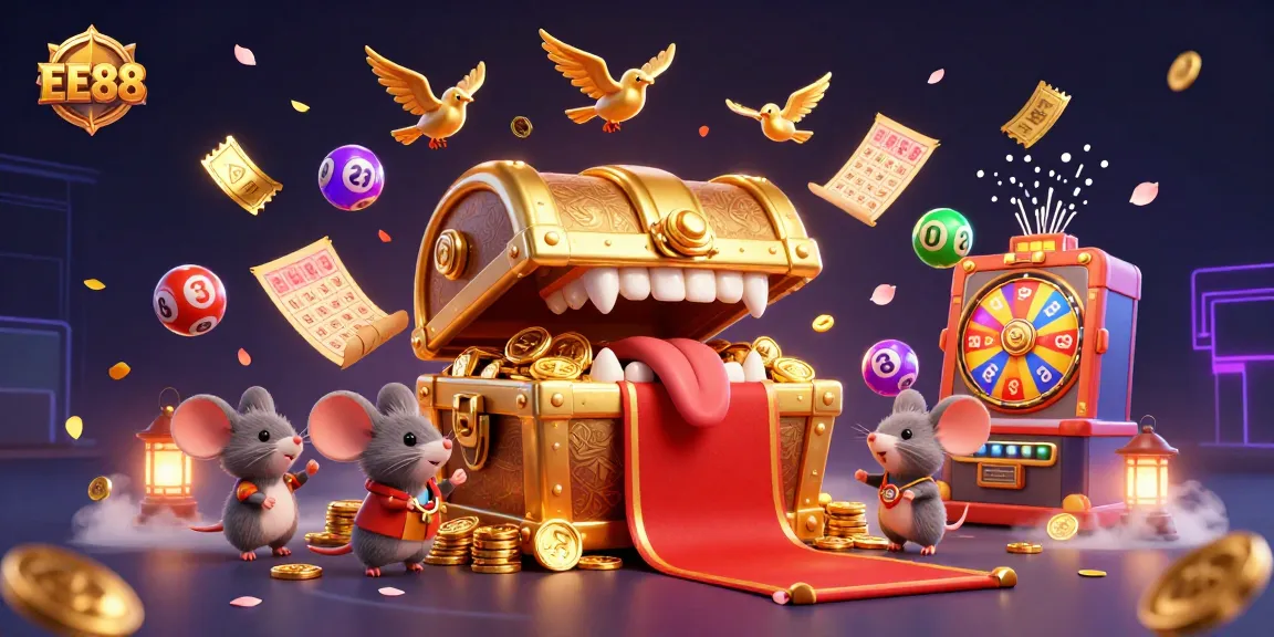 Exciting 3D casino scene with the EE88 treasure chest, vibrant lottery elements, and engaging characters.